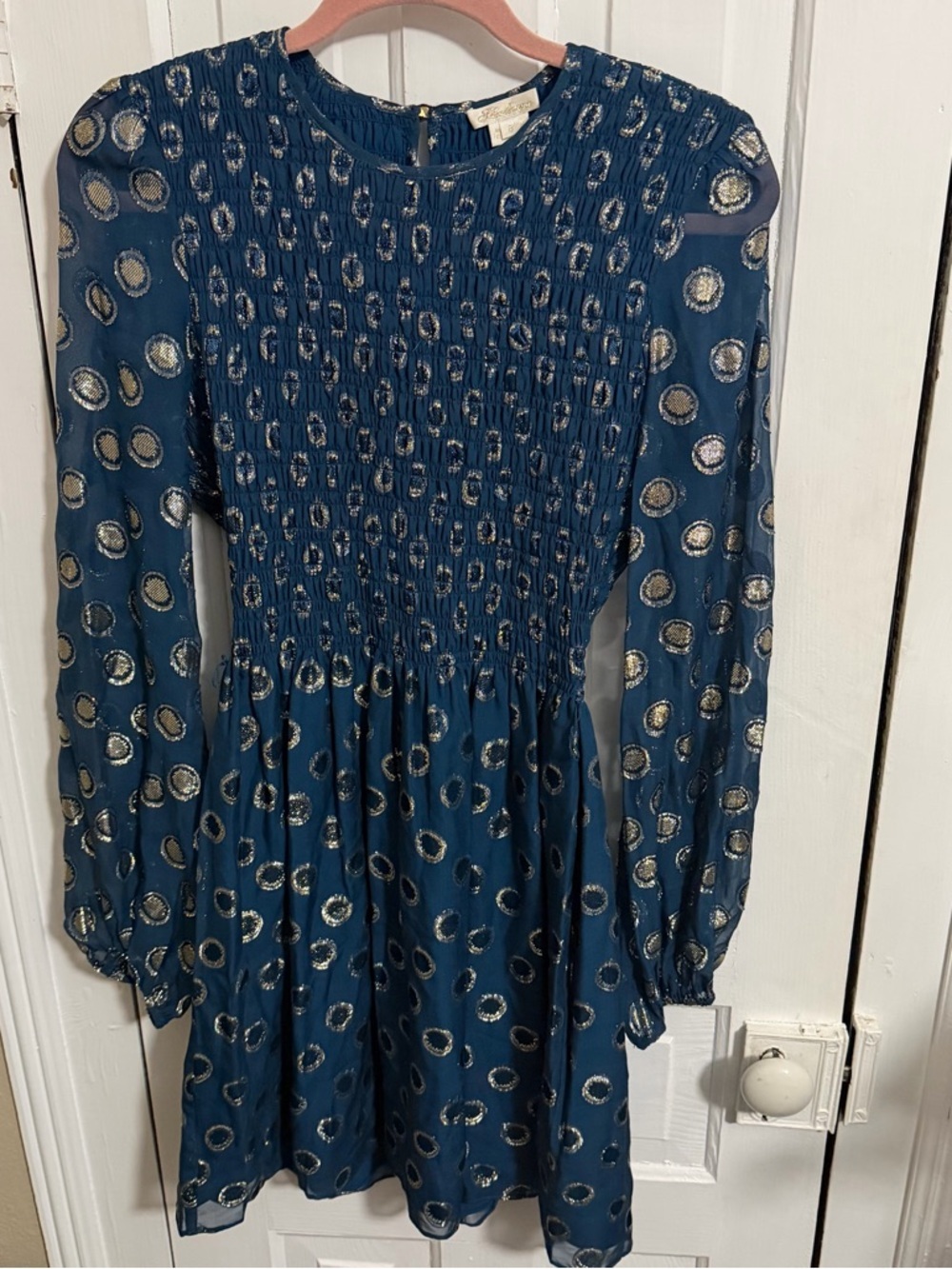 Shoshanna Long Sleeve Dress Blue Metallic Gold Dots Size 6